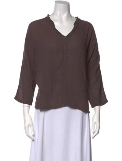 Pre-owned Black Crane Linen V-neck Top In Brown