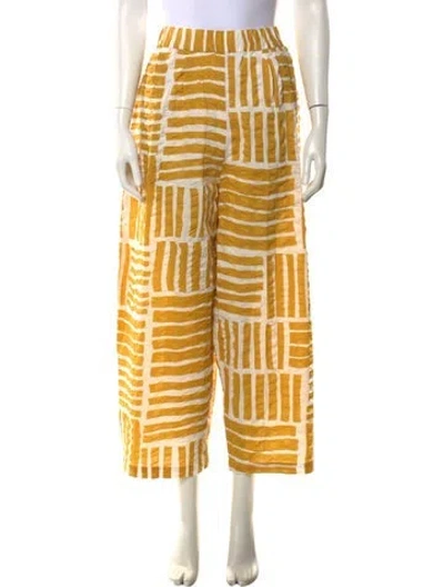 Pre-owned Black Crane Patterned Wide Leg Pants In Yellow