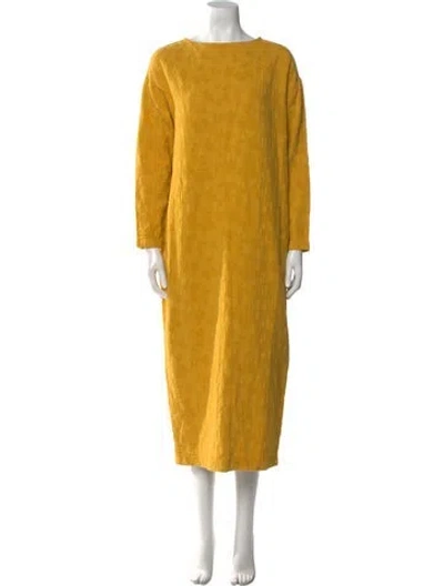 Pre-owned Black Crane Scoop Neck Long Dress In Yellow