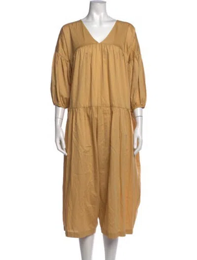 Pre-owned Black Crane V-neck Long Dress In Yellow
