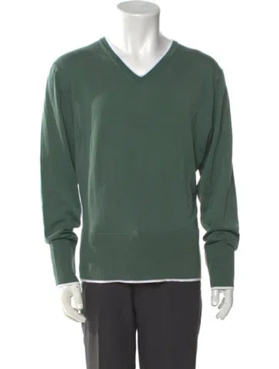 Pre-owned Black Fleece V-neck Long Sleeve Pullover In Green