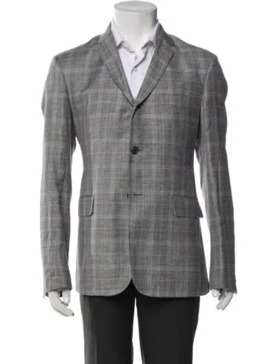 Pre-owned Black Fleece Wool Plaid Print Blazer In Gray