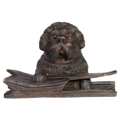 Pre-owned Black Forest Carved Dog Inkwell