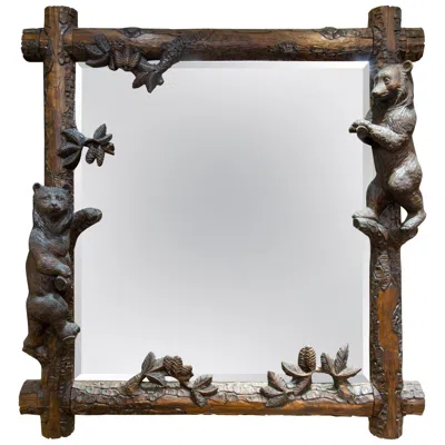 Pre-owned Black Forest Carved Swiss Entry Mirror With Climbing Bears