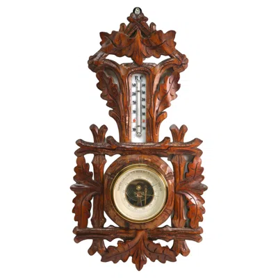 Pre-owned Black Forest Carved Wooden Antique French Barometer With Thermometer, Number 9432 1910s In Brown