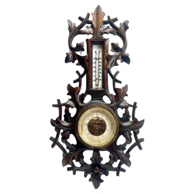 Pre-owned Black Forest Carved Wooden G.tart Liege Antique Belgium Barometer With Thermometer, 1910s In Brown