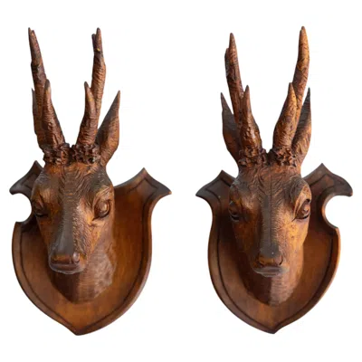Pre-owned Black Forest Pair Of Antique  Carved Deer Head Trophy Plaques, Circa 1900