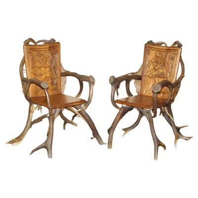 Pre-owned Black Forest Pair Of Antique German  Carved Antler Armchairs Part Of A Suite