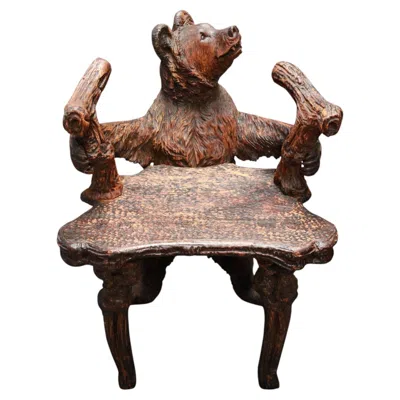 Pre-owned Black Forest Swiss  Carved Wood Bear Chair, Circa 1890