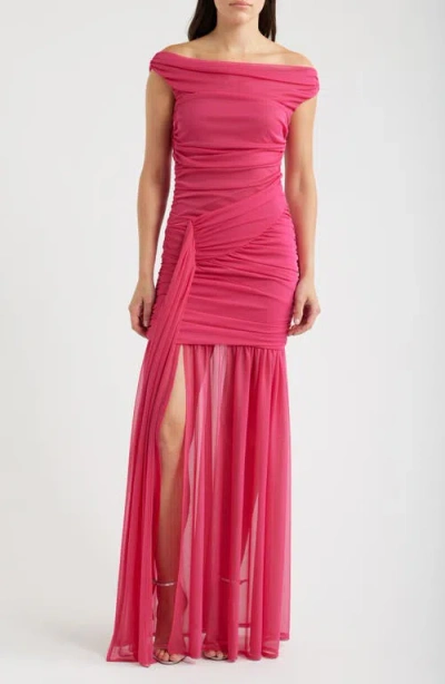 Black Halo Amara Ruched Off The Shoulder Mesh Gown In Pink