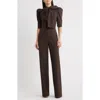 Black Halo Ara Tie Neck Puff Sleeve Jumpsuit In Brown