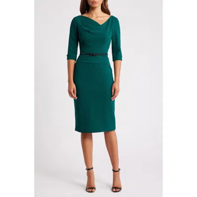 Black Halo Belted Drape Neck Sheath Dress In Garden