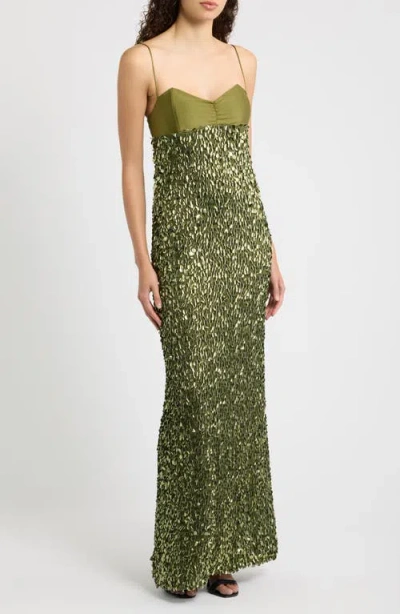 Black Halo Berri Paillette Column Gown In Moss