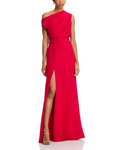 Black Halo Caprina Belted Asymmetric Off Shoulder Gown In Fuchsia