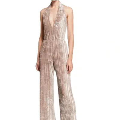 Black Halo Crushed Velvet Denley Jumpsuit In Gold In Beige