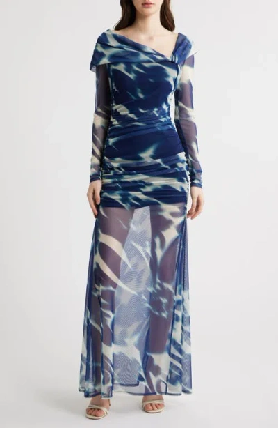 Black Halo Dina Long Sleeve Ruched Mesh Maxi Dress In Blue