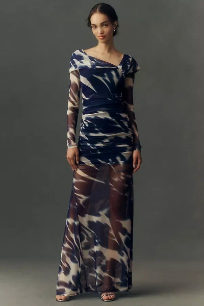 Black Halo Dina Long Sleeve Ruched Mesh Maxi Dress In Blue
