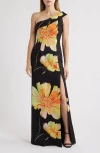 Black Halo Dolan One-shoulder Gown In Bursting Bloom