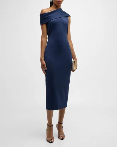 Black Halo Dolores Draped One-shoulder Bodycon Midi Dress In Pacific Blue