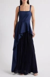Black Halo Dorothea Plissé Sleeveless Satin Gown In Blue