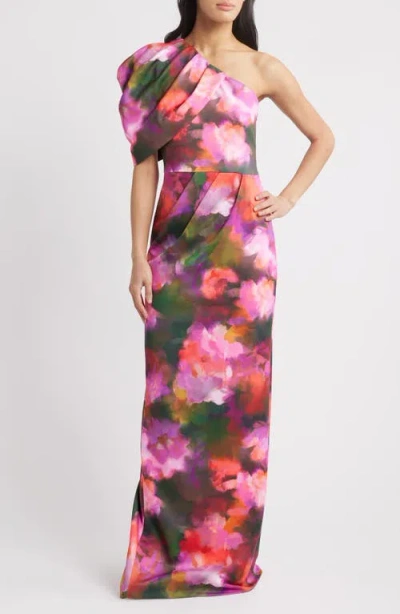 Black Halo Egan Puff Sleeve One-shoulder Gown In Rose Fields