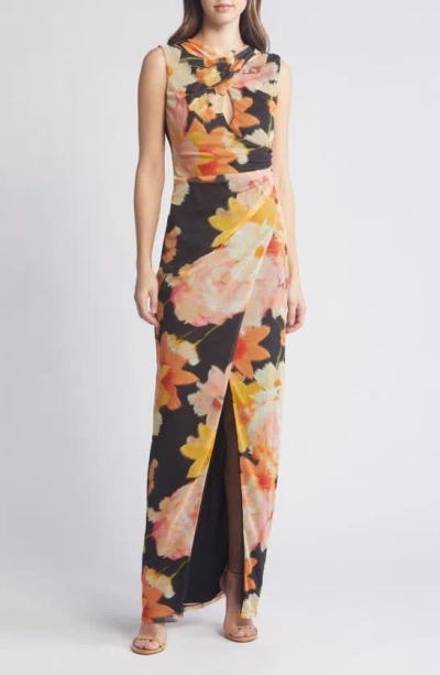 Black Halo Elaina Floral Mesh Maxi Dress In Golden Hour | ModeSens