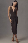 Black Halo Elara Sleeveless Deep-v Draped Midi Dress In Brown