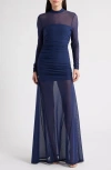 Black Halo Elvira Long Sleeve Gathered Mesh Evening Gown In Blue