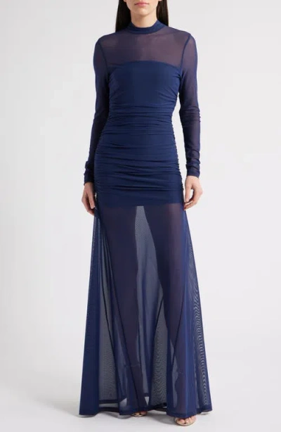 Black Halo Elvira Long Sleeve Gathered Mesh Evening Gown In Blue