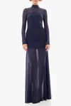 Black Halo Elvira Long Sleeve Gathered Mesh Evening Gown In Blue