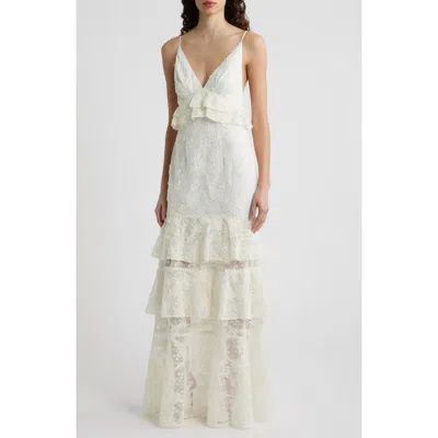 Black Halo Eris Floral Lace Tiered Gown In White