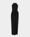 Black Halo Erwen Beaded-strap Ruffle Halter Gown In Black