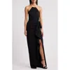 Black Halo Erwen Beaded-strap Ruffle Halter Gown In Black