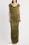 Black Halo Evangeline Ruched Satin Gown In Green