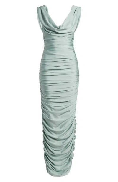 Black Halo Evangeline Ruched Satin Gown In Green