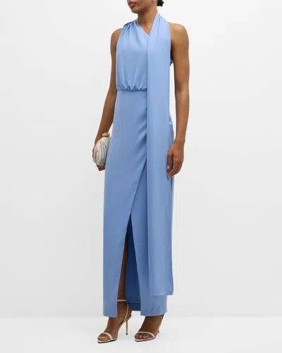 Black Halo Fantasia Draped One-shoulder Column Gown In Blue Bliss
