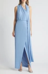 Black Halo Fantasia Draped One-shoulder Column Gown In Blue Bliss