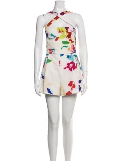 Pre-owned Black Halo Floral Print Halterneck Romper In White