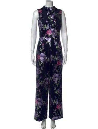 Pre-owned Black Halo Floral Print Mock Neck Jumpsuit In Blue