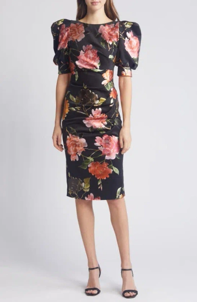 Black Halo Floral Puff Sleeve Cocktail Dress In Fire Bloom