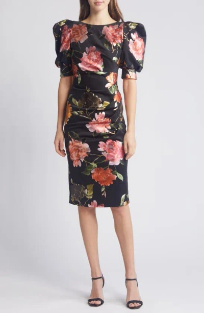 Black Halo Floral Puff Sleeve Cocktail Dress In Fire Bloom | ModeSens