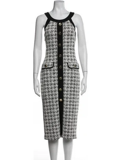 Pre-owned Black Halo Houndstooth Print Midi Length Dress In White