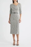 Black Halo Jackie Houndstooth Cowl Neck Tweed Midi Dress In Multi
