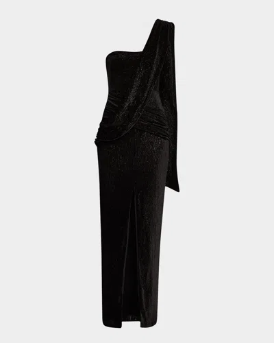 Black Halo Khalessi Draped Bodycon Metallic Velvet Gown In Black Gold