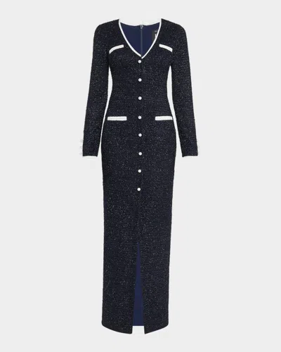 Black Halo Koa Shimmer Fringe Tweed Maxi Dress In Ravishing Royale