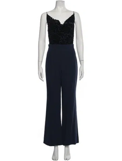 Pre-owned Black Halo Lace Pattern V-neck Jumpsuit In Blue