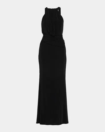 Black Halo Lucine Shirred Draped Gown In Black