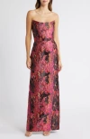 Black Halo Lumina Strapless Metallic Jacquard Column Gown In Opal Storm