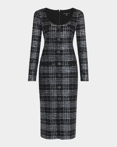 Black Halo Mae Long Sleeve Tweed Midi Dress In Carbon Class