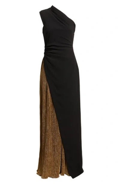 BLACK HALO BLACK HALO MARIGOLD ONE-SHOULDER METALLIC MIXED MEDIA STRETCH CREPE GOWN